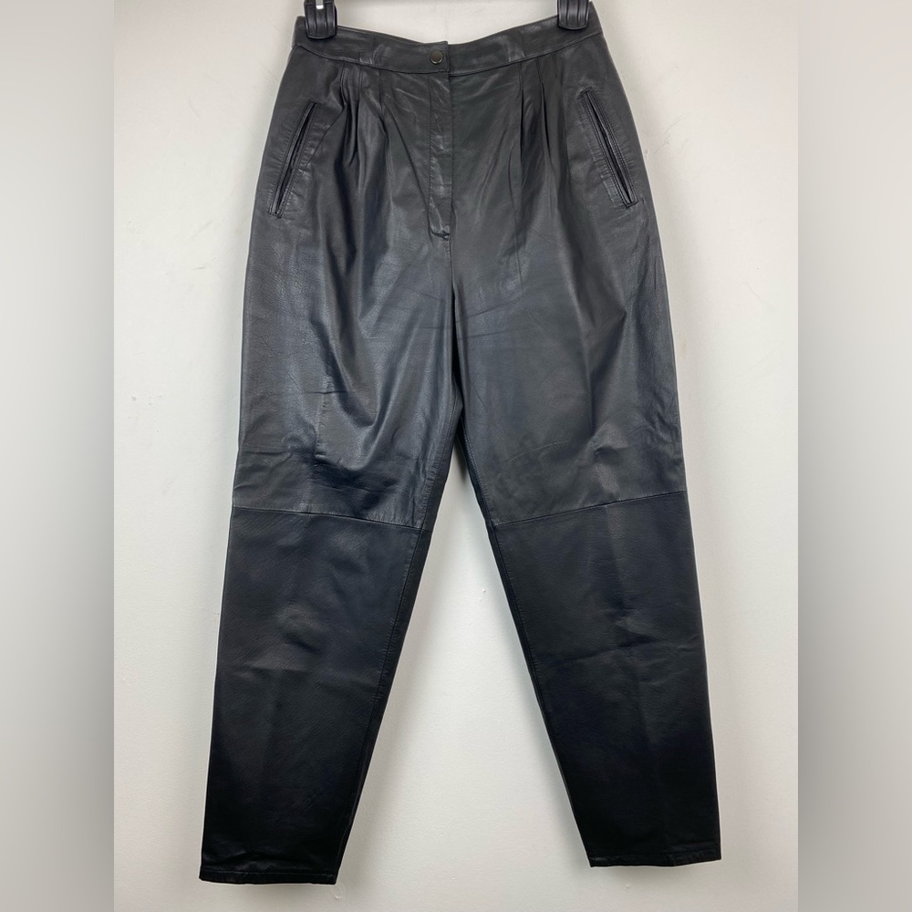 Vintage Pia Rucci size 12 Women’s Black Leather High Rise Pleated Tapered Pants